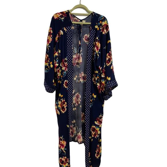 Band Of Gypsies Navy Floral Open Front Kimono Sz S - Picture 1 of 9